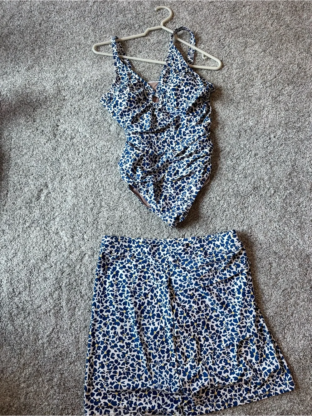 Susan Graver Blue and White Leaf-Print Swim One-Piece with matching Skirt